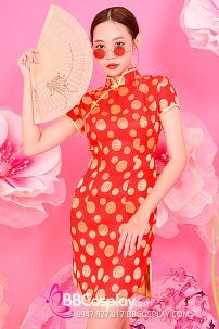 Xườn Xám Gấm Đỏ Đồng Tiền