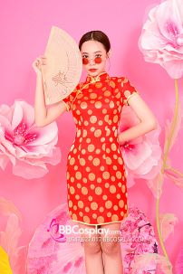 Xườn Xám Gấm Đỏ Đồng Tiền