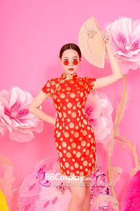 Xườn Xám Gấm Đỏ Đồng Tiền