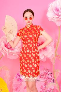 Xườn Xám Gấm Đỏ Đồng Tiền