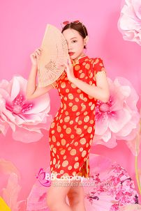 Xườn Xám Gấm Đỏ Đồng Tiền