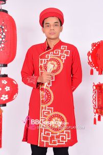 Áo Dài Nam Đỏ Hoạ Tiết Trống Đồng Dân Tộc