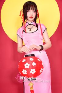 Xường Xám Hồng Phấn Dài Xẻ Tà Phi Lụa