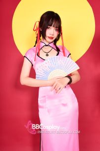 Xường Xám Hồng Phấn Dài Xẻ Tà Phi Lụa