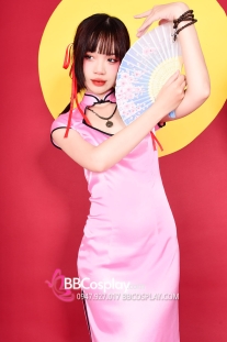 Xường Xám Hồng Phấn Dài Xẻ Tà Phi Lụa