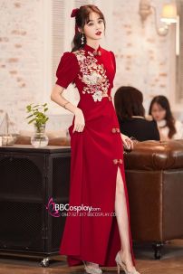 Váy Sườn Xám Dạ Hội Đỏ Dài Thêu Hoa Xẻ Tà