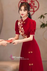 Váy Sườn Xám Dạ Hội Đỏ Dài Thêu Hoa Xẻ Tà