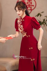 Váy Sườn Xám Dạ Hội Đỏ Dài Thêu Hoa Xẻ Tà