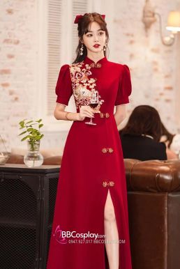 Váy Sườn Xám Dạ Hội Đỏ Dài Thêu Hoa Xẻ Tà 2023