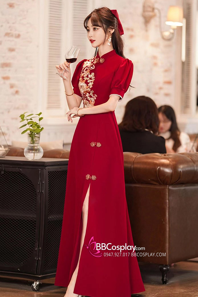Váy Sườn Xám Dạ Hội Đỏ Dài Thêu Hoa Xẻ Tà 2023