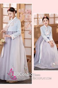 Hanbok Áo Xanh Cổ Thêu Váy Voan Xám Thêu Hoa Mẫu Mới