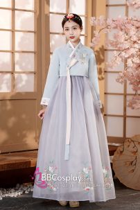 Hanbok Áo Xanh Cổ Thêu Váy Voan Xám Thêu Hoa Mẫu Mới