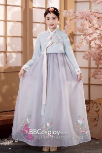 Hanbok Áo Xanh Cổ Thêu Váy Voan Xám Thêu Hoa Mẫu Mới