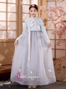 Hanbok Áo Xanh Cổ Thêu Váy Voan Xám Thêu Hoa Mẫu Mới