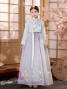 Hanbok Áo Xanh Cổ Thêu Váy Voan Xám Thêu Hoa Mẫu Mới