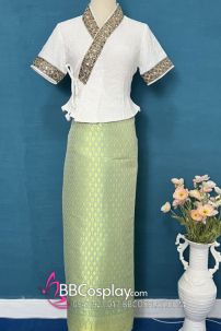 Đồ Nữ Thái - Vân Nam Áo Trắng Viền Đen Váy Xanh Lá