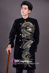 Áo Dài Nam Cách Tân Đen Vẽ Rồng Trắng
