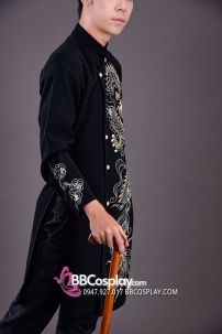 Áo Dài Nam Cách Tân Đen Vẽ Rồng Trắng