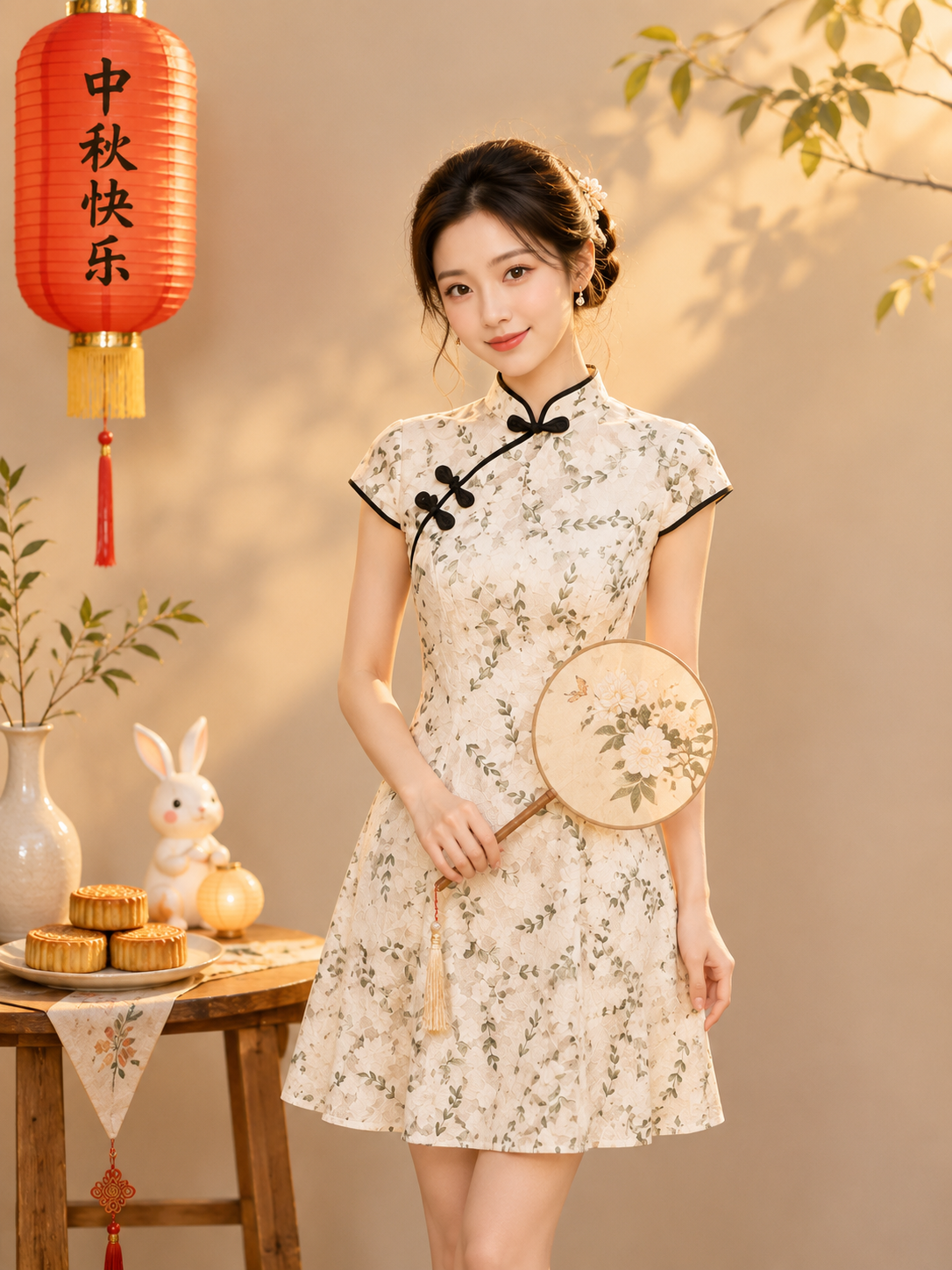 Váy Sườn Xám Trung Thu Cho Mẹ Và Bé Hoạ Tiết Hoa Lá Trẻ Trung