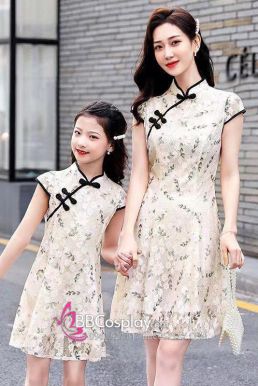 Váy Sườn Xám Trung Thu Cho Mẹ Và Bé Hoạ Tiết Hoa Lá Trẻ Trung