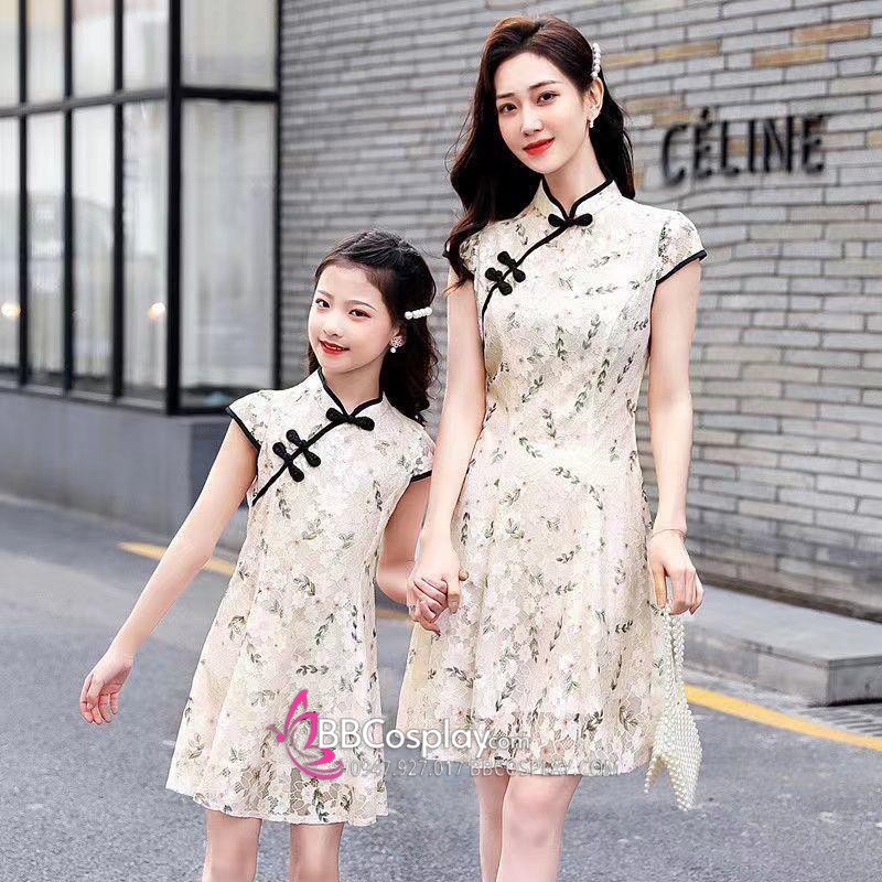 Váy Sườn Xám Trung Thu Cho Mẹ Và Bé Hoạ Tiết Hoa Lá Trẻ Trung