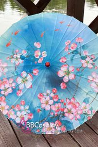 Dù Vải Cổ Phong Nền Xanh Dương Hoa Và Cá Vàng