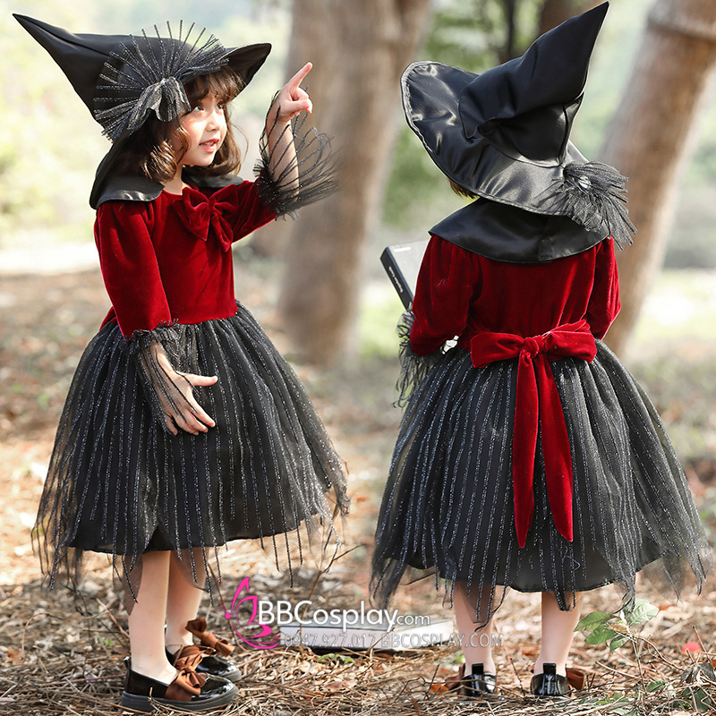 Váy Halloween Phù Thuỷ Cưỡi Chổi Cho Bé