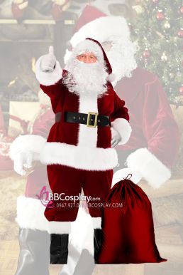 Trang Phục Santa Claus Vải Nhung Đỏ Viền Lông Dài 10Cm - HÀNG MAY - Đỏ Đậm