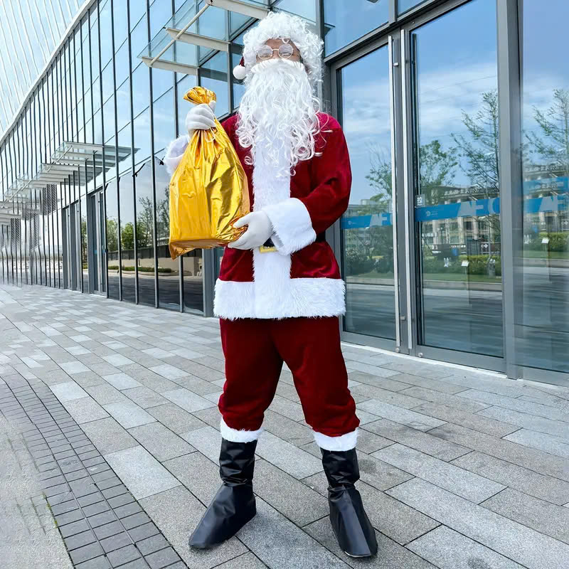 Trang Phục Santa Claus Vải Nhung Đỏ Viền Lông Dài 10Cm - HÀNG MAY - Đỏ Đậm