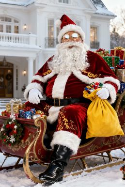 Trang Phục Ông Già Noel Đỏ Hoạ Tiết Nhũ Vàng Có Kèm Choàng Vai Tặng Kèm Boot Giả