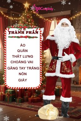 Trang Phục Ông Già Noel Đỏ Hoạ Tiết Nhũ Vàng Có Kèm Choàng Vai Tặng Kèm Boot Giả