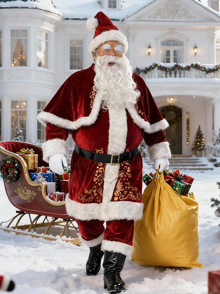 Trang Phục Ông Già Noel Đỏ Hoạ Tiết Nhũ Vàng Có Kèm Choàng Vai Tặng Kèm Boot Giả