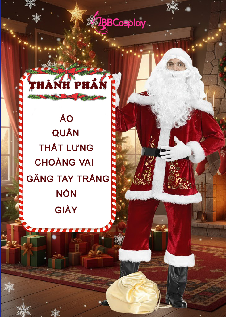 Trang Phục Ông Già Noel Đỏ Hoạ Tiết Nhũ Vàng Có Kèm Choàng Vai Tặng Kèm Boot Giả