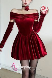 Váy Noel Đỏ Nhung Quyến Rũ Vai Nữ Hoàng