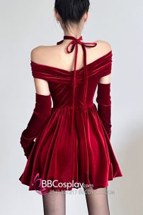 Váy Noel Đỏ Nhung Quyến Rũ Vai Nữ Hoàng