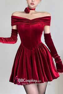 Váy Noel Đỏ Nhung Quyến Rũ Vai Nữ Hoàng
