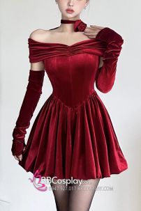 Váy Noel Đỏ Nhung Quyến Rũ Vai Nữ Hoàng