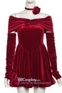 Váy Noel Đỏ Nhung Quyến Rũ Vai Nữ Hoàng