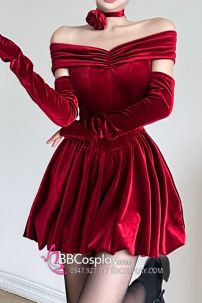 Váy Noel Đỏ Nhung Quyến Rũ Vai Nữ Hoàng