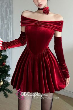 Váy Noel Đỏ Nhung Quyến Rũ Vai Nữ Hoàng