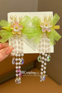 Cặp Kẹp Tóc Hoa Nơ Tone Xanh Mơ Tiểu Cô Nương