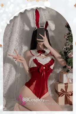 Bộ Bunny Noel Cúp Ngực Viền Lông Kèm Tai Thỏ