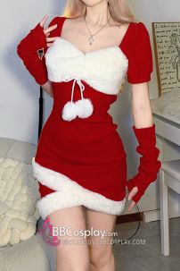 Đầm Noel Tay Ngắn Ôm Phối Nơ Trước Ngực