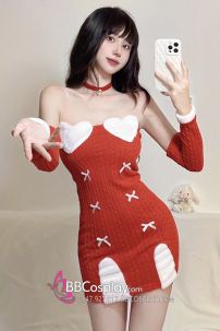 Váy Noel Cúp Ngực Trái Tim Khoác Trắng Tay Dài