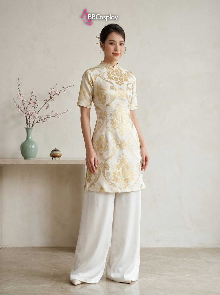 Áo Dài Nữ Cách Tân Vàng Gấm