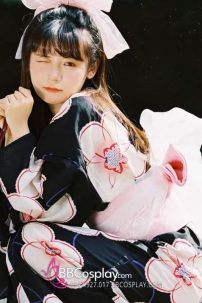 Áo Yukata Nền Đen Phối Hoa Tặng Kèm Thắt Lưng