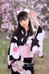 Áo Yukata Nền Đen Phối Hoa Tặng Kèm Thắt Lưng