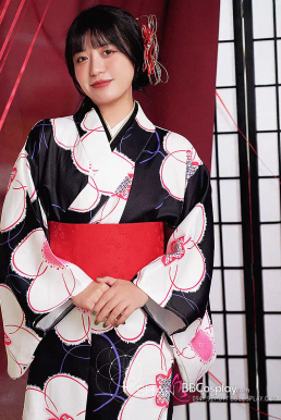 Áo Kimono Yukata Nền Đen Phối Hoa Tặng Kèm Thắt Lưng