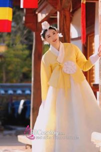 Hanbok Gấm Cao Cấp Chuẩn Hàn Áo Vàng Váy Trắng Kem