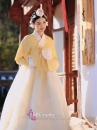 Hanbok Gấm Cao Cấp Chuẩn Hàn Áo Vàng Váy Trắng Kem